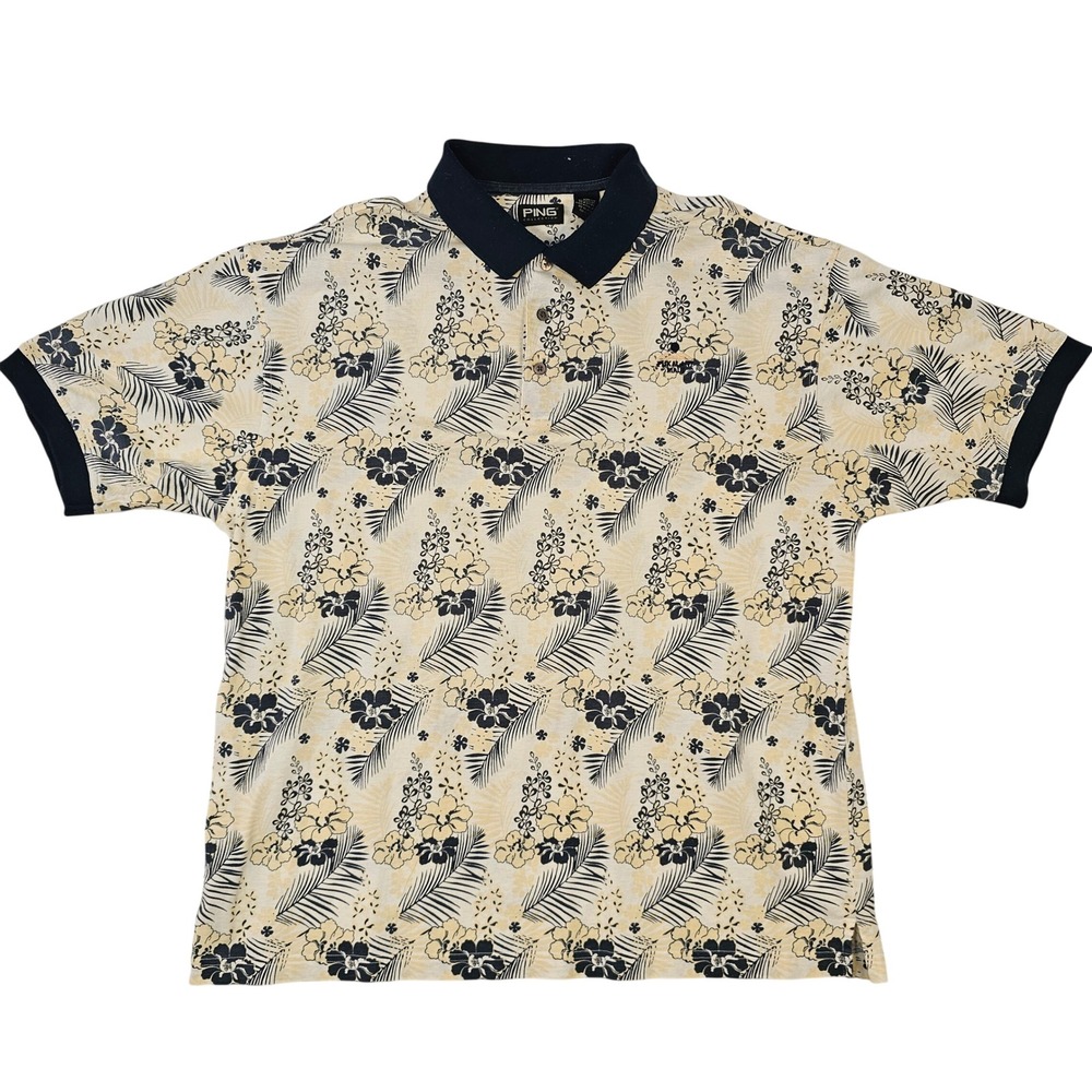 Ping Collection Mens XL Polo Shirt Navy Cream Tropical Floral Palm Leaf Print‎